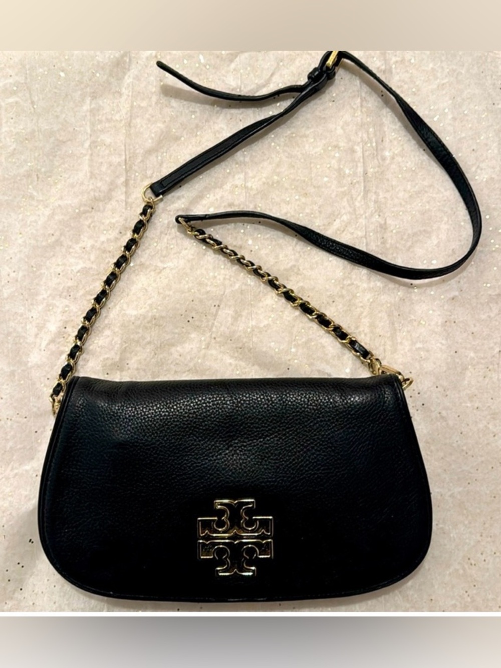 TORY BURCH Britten Black Leather Crossbody Bag Gold Chain Strap Shoulder Purse